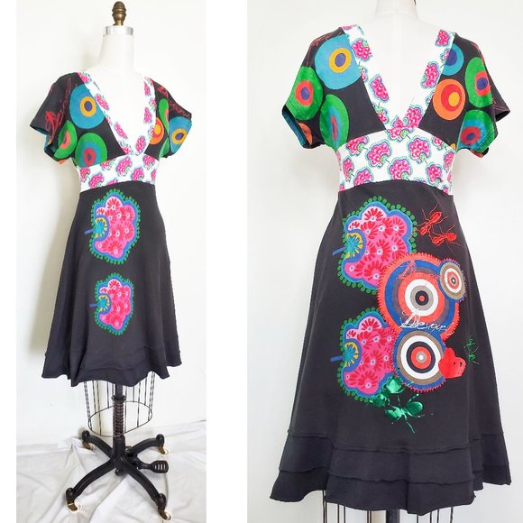 Desigual Womens JOHANNA Cotton Jersey Dress Colorful Print  Embroidered Ants M - Picture 1 of 13